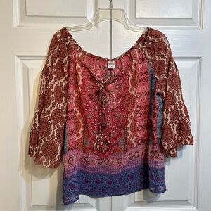 NWT Bila Top Sheer Multicolor Boho Peasant Hippie Size S Small On/Off Shoulder